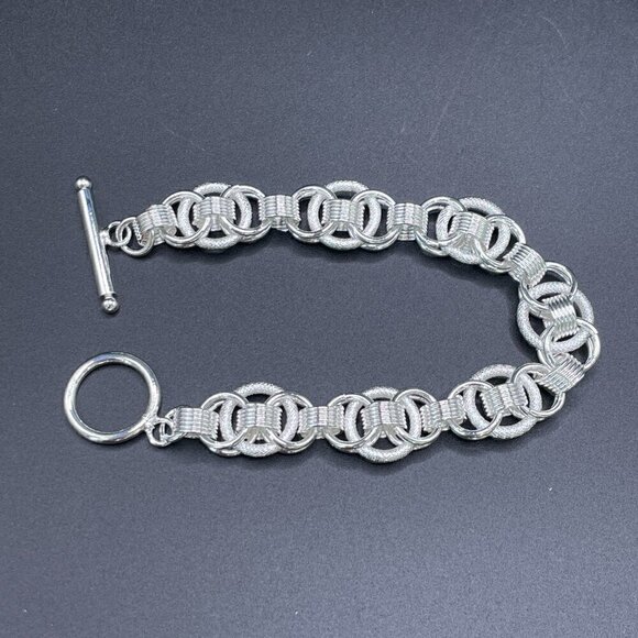 Sterling Silver 925 Double Loop Textured Chain Bracelet #1354B - Picture 4 of 8